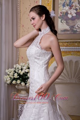 Mermaid Halter Wedding Gowns Tulle Lace Brush Train