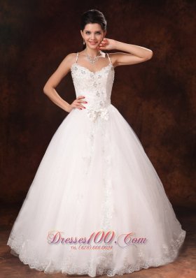 Spaghetti Straps Beaded Bowknot Wedding Dress Lace Tulle