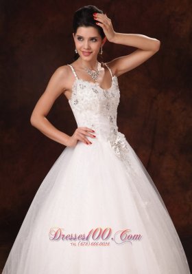 Spaghetti Straps Beaded Bowknot Wedding Dress Lace Tulle