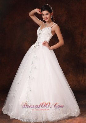 Spaghetti Straps Beaded Bowknot Wedding Dress Lace Tulle