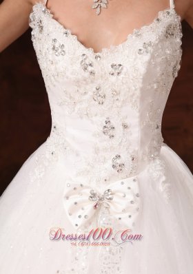 Spaghetti Straps Beaded Bowknot Wedding Dress Lace Tulle