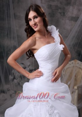 White Floral One Shoulder Wedding Gowns Organza Ruch