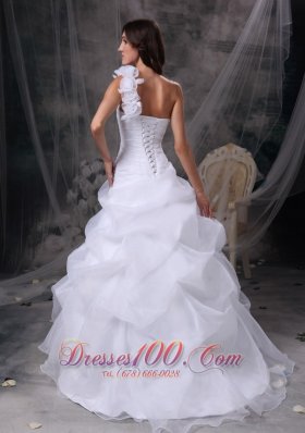 White Floral One Shoulder Wedding Gowns Organza Ruch