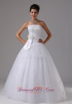 Floral Accent Wedding Dress Lace Bodice Sash Tulle