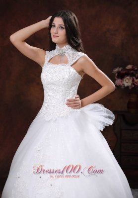 High Neckline Lace Bridal Gowns Chapel Train Lace Skirt