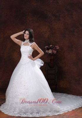 High Neckline Lace Bridal Gowns Chapel Train Lace Skirt