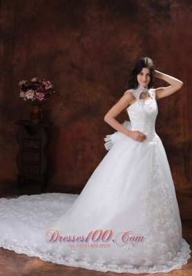 High Neckline Lace Bridal Gowns Chapel Train Lace Skirt