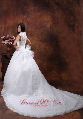 High Neckline Lace Bridal Gowns Chapel Train Lace Skirt