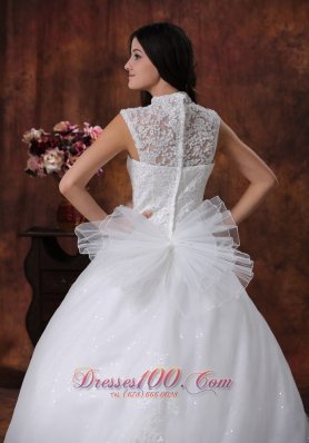 High Neckline Lace Bridal Gowns Chapel Train Lace Skirt