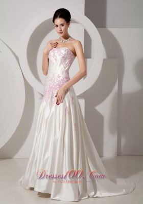 Pink Appliques Ivory Wedding Dress A-line Strapless Court