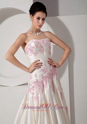 Pink Appliques Ivory Wedding Dress A-line Strapless Court