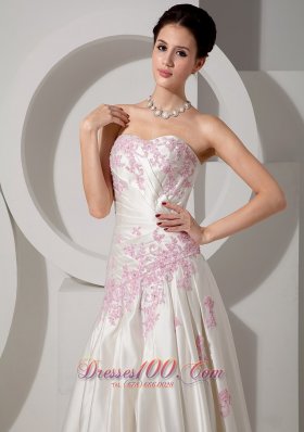 Pink Appliques Ivory Wedding Dress A-line Strapless Court