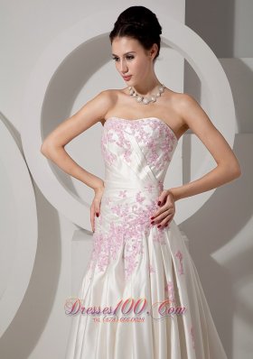 Pink Appliques Ivory Wedding Dress A-line Strapless Court