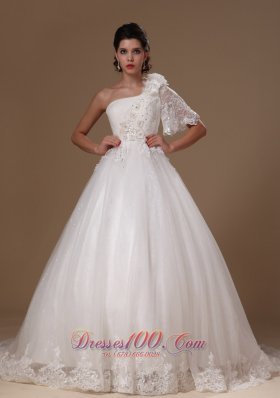 Ball Gown One Shoulder Wedding Dress Empire Lace Sleeved