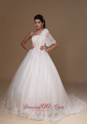 Ball Gown One Shoulder Wedding Dress Empire Lace Sleeved