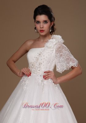 Ball Gown One Shoulder Wedding Dress Empire Lace Sleeved