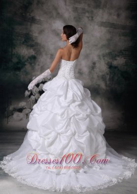 Pick-ups Ball Gown White Wedding Dress Lace Hemline Brush