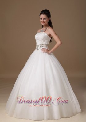 White Beaded Belt Lace Bridal Dress Ball Gown Strapless