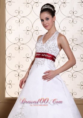 Halter Embroidery Modest Wedding Dress Colored Buttons