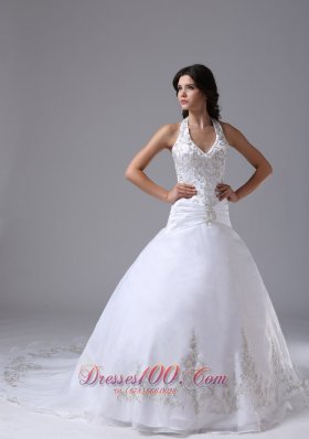 Halter Ball Gown Embroidery Brush Wedding Gowns