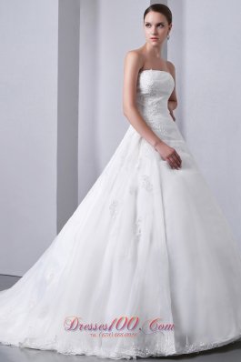 Appliques Organza Chapel Train Wedding Bridal Dress