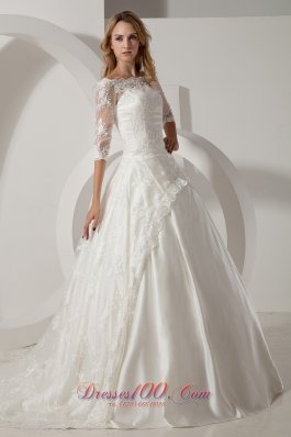 Chapel Train Lace Wedding Dress With Half Sleeves