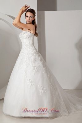 Chapel Train Wedding Dress Tulle Appliques Bridal Gowns