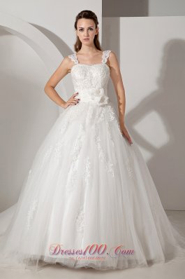 Appliques Court Train Lace Wedding Dress With Straps