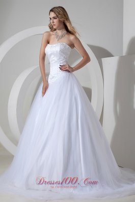 Beading Court Train Strapless Tulle Wedding Dress