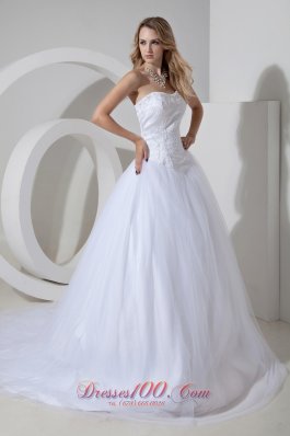 Beading Court Train Strapless Tulle Wedding Dress