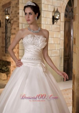 Sweep Train Beading Organza Ruch Wedding Dress