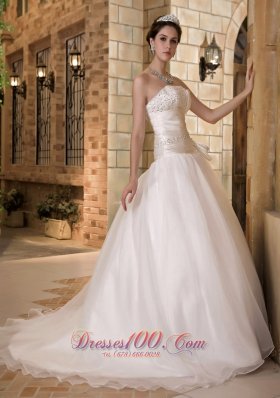 Sweep Train Beading Organza Ruch Wedding Dress