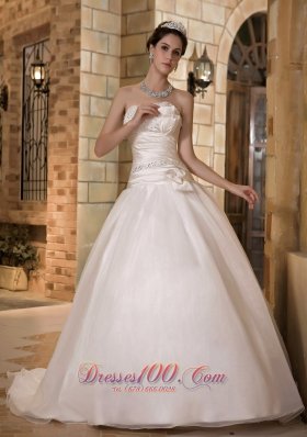 Sweep Train Beading Organza Ruch Wedding Dress