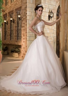 Sweep Train Beading Organza Ruch Wedding Dress