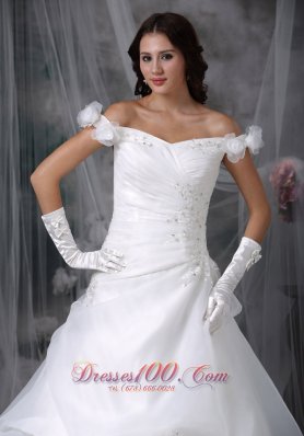 Off The Shoulder Appliques Sweep Wedding Dress Beaded