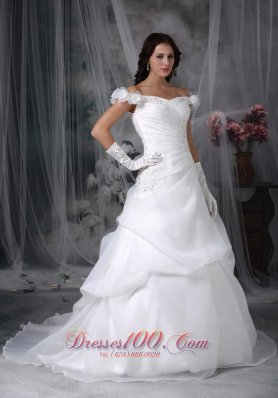 Off The Shoulder Appliques Sweep Wedding Dress Beaded