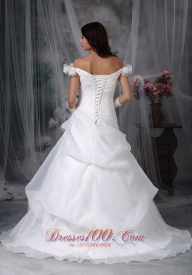 Off The Shoulder Appliques Sweep Wedding Dress Beaded