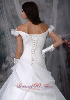 Off The Shoulder Appliques Sweep Wedding Dress Beaded