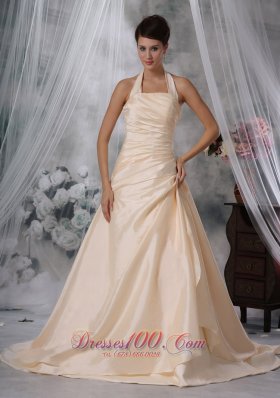 Halter Ruched Champagne Colored Wedding Dress Taffeta
