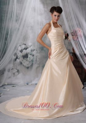 Halter Ruched Champagne Colored Wedding Dress Taffeta