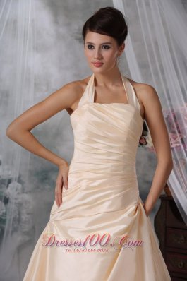 Halter Ruched Champagne Colored Wedding Dress Taffeta