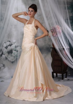 Halter Ruched Champagne Colored Wedding Dress Taffeta