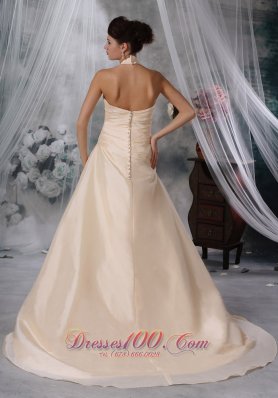 Halter Ruched Champagne Colored Wedding Dress Taffeta