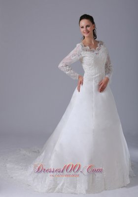 Lace V-neck Court Train Wedding Dress With Sleeves