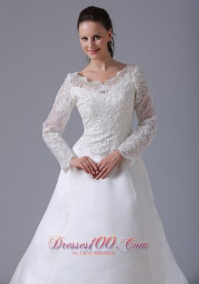 Lace V-neck Court Train Wedding Dress With Sleeves