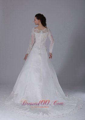 Lace V-neck Court Train Wedding Dress With Sleeves