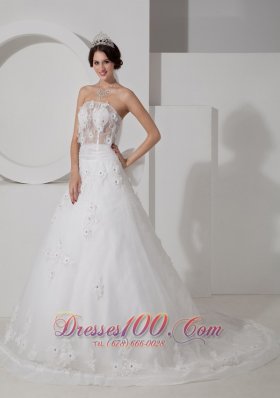 Tulle Appliques Court Train Wedding Dress Beaded