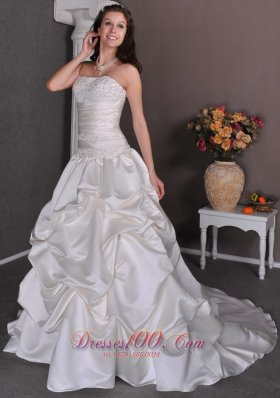 Strapless Chapel Train Wedding Dress Beaded Taffeta