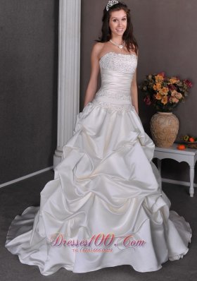 Strapless Chapel Train Wedding Dress Beaded Taffeta