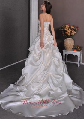 Strapless Chapel Train Wedding Dress Beaded Taffeta